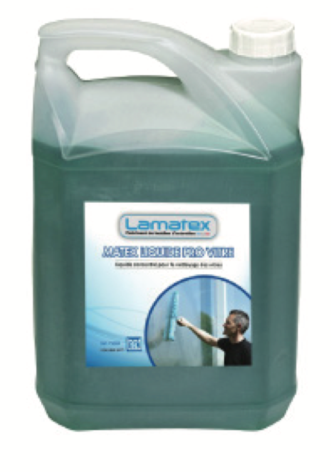 Flacon de 1L ou 5L de liquide lave-vitre MOERMAN MATEX PRO VITRE, nettoyant pour vitres, produit de nettoyage en bouteille.