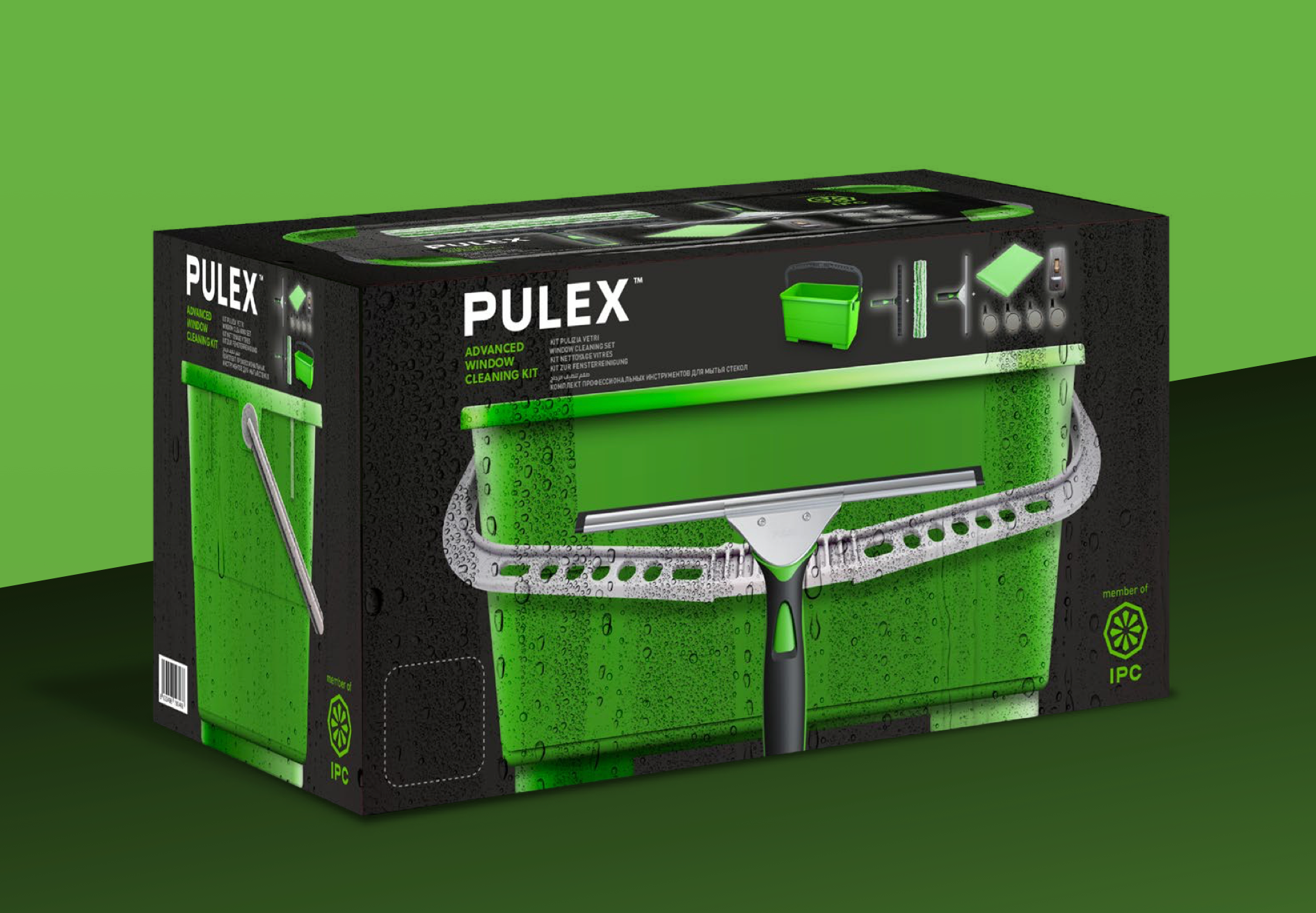 Kit complet ICA Pulex Vitre Technolite avec outils et pièces pour nettoyage de vitres et surfaces en verre.