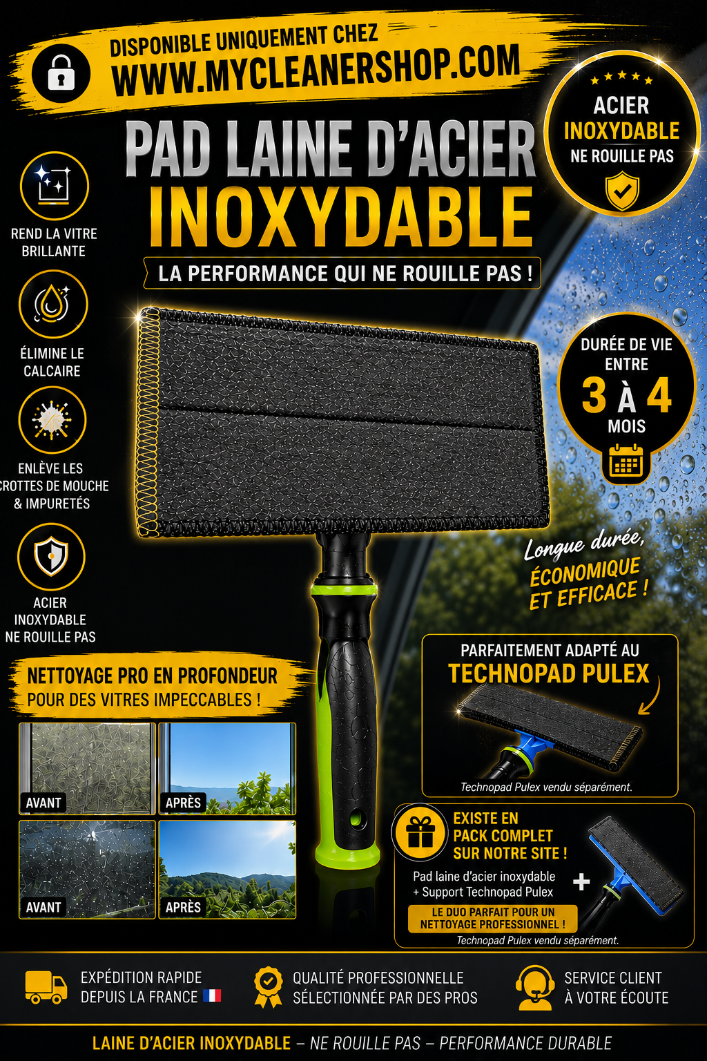 Pad en laine d’acier inoxydable avec sticker holographique, sans support, conçu pour le nettoyage et le polissage.