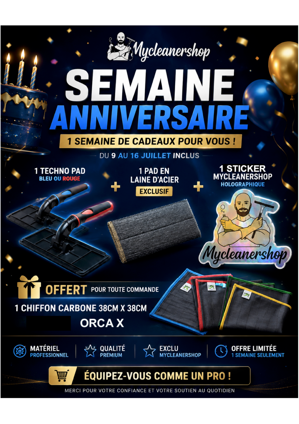 Pack complet anniversaire du boss de MyCleanerShop avec décorations festives et accessoires pour célébration d'entreprise.