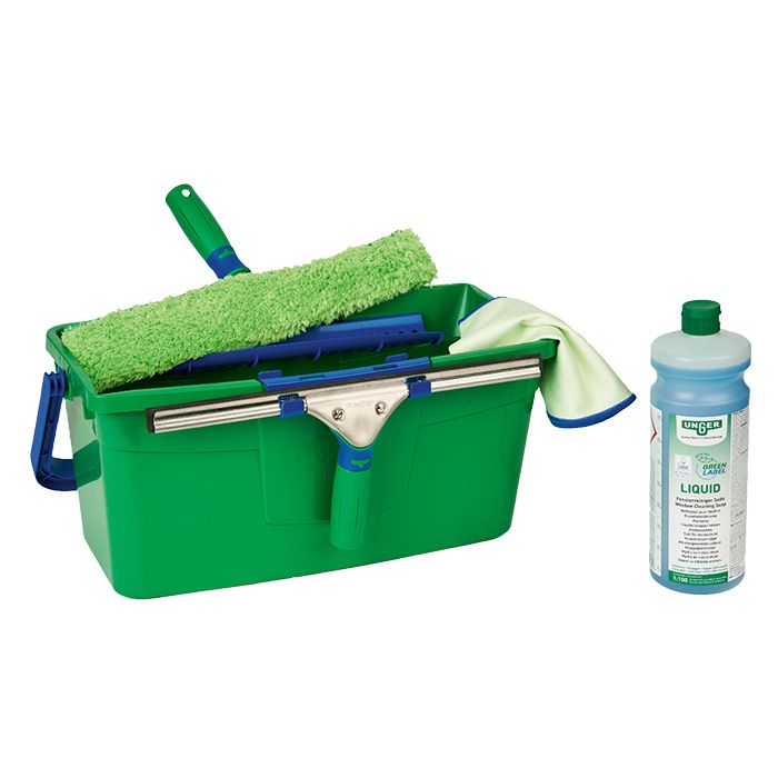 Kit de nettoyage de vitres UNGER GreenLabel avec raclette et accessoires pour un nettoyage efficace des fenêtres.