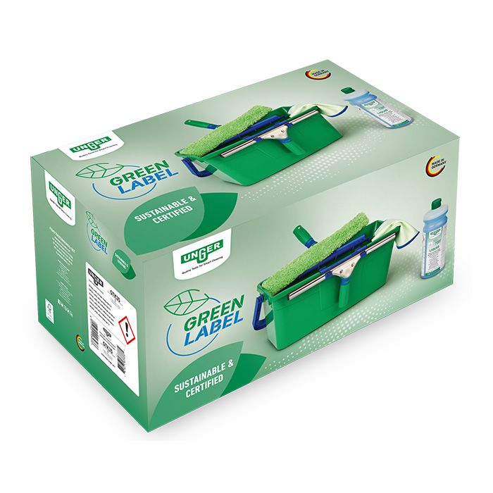 Kit de nettoyage de vitres UNGER GreenLabel avec raclette et accessoires pour un nettoyage efficace des surfaces vitrées.
