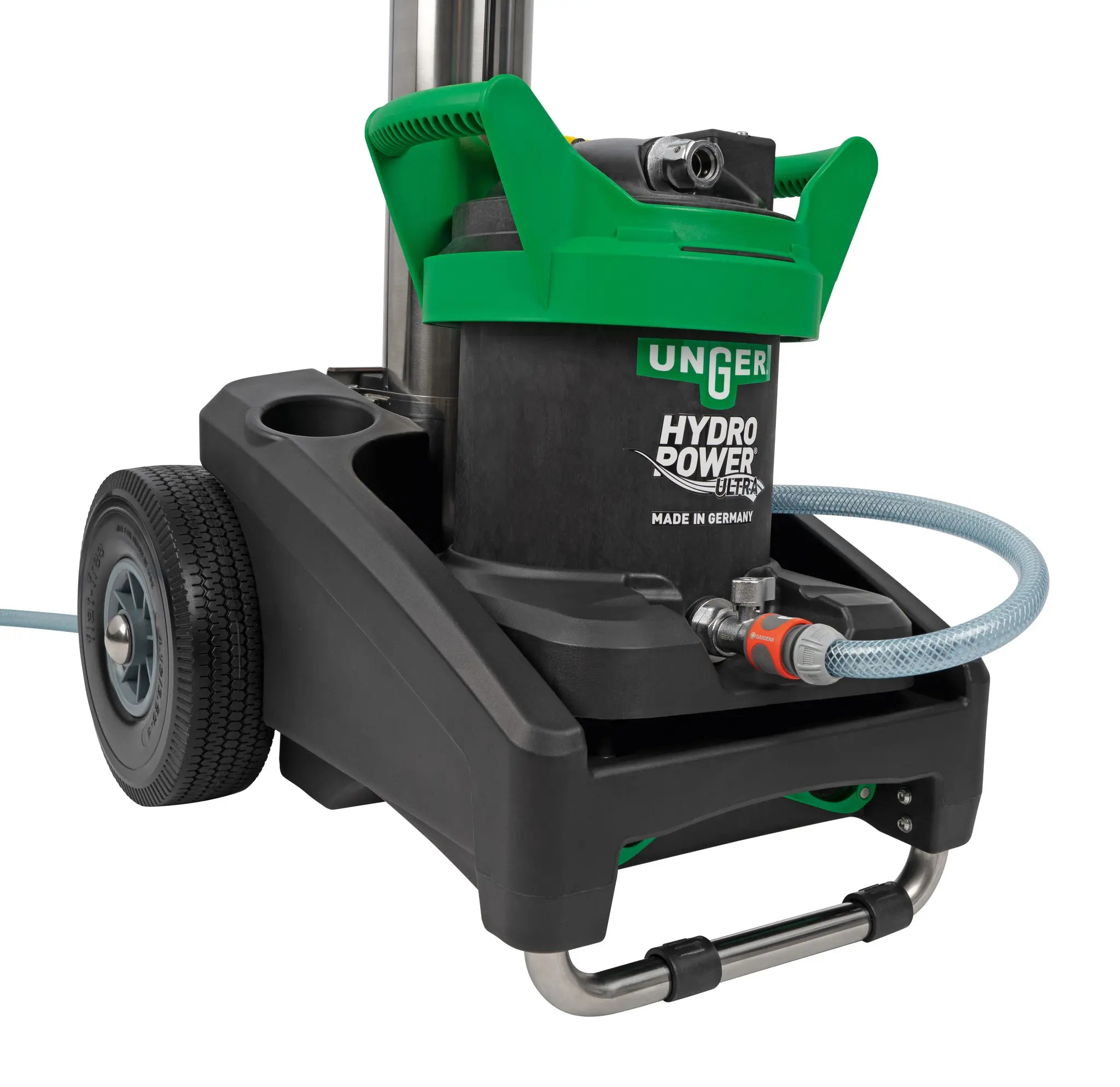 Système HydroPower Nano de UNGER pour eau pure haute performance, avec filtre et tuyau pour nettoyage efficace.