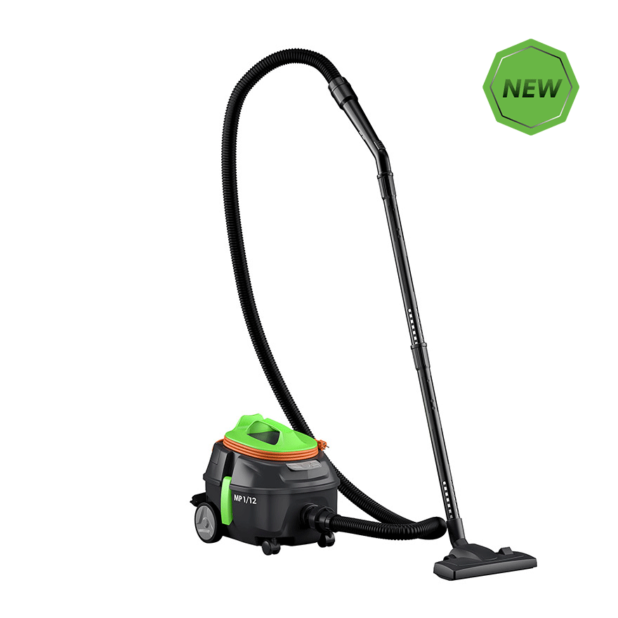 Aspirateur industriel ICA MP 1/12 avec réservoir en métal, équipé de tubes et accessoires pour nettoyage professionnel.