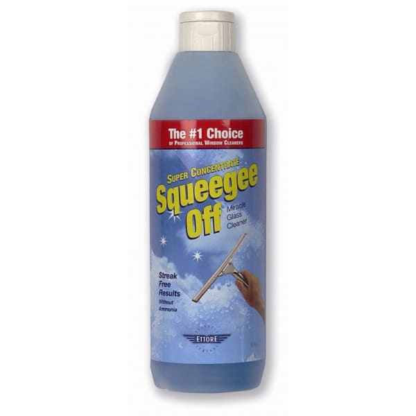 Liquide nettoyant pour vitres Ettore Squeegee Off, 500ml, bouteille transparente avec étiquette, destiné à nettoyer les surfaces vitrées.