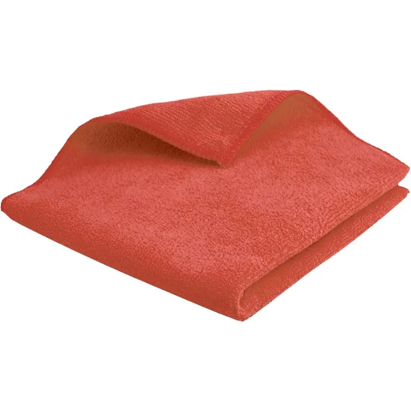 Lot de 5 lavettes microfibre rouges 38x38cm, 220 g/m², multi-usages, parfaites pour nettoyage domestique ou professionnel.