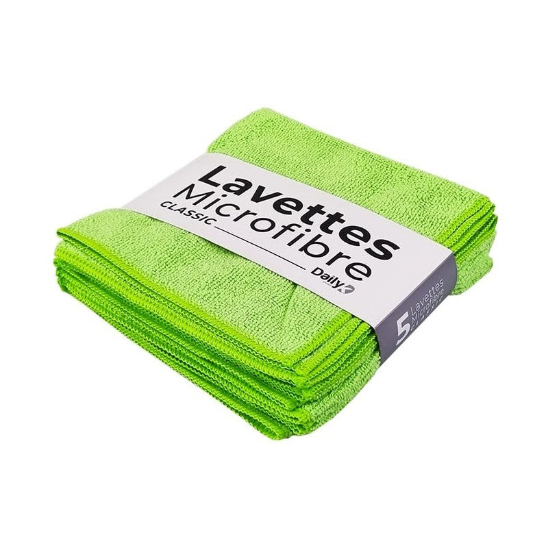Lot de 5 lavettes microfibre 38x38cm multi-usages de la marque DAYLI K, idéales pour nettoyage et entretien domestique.