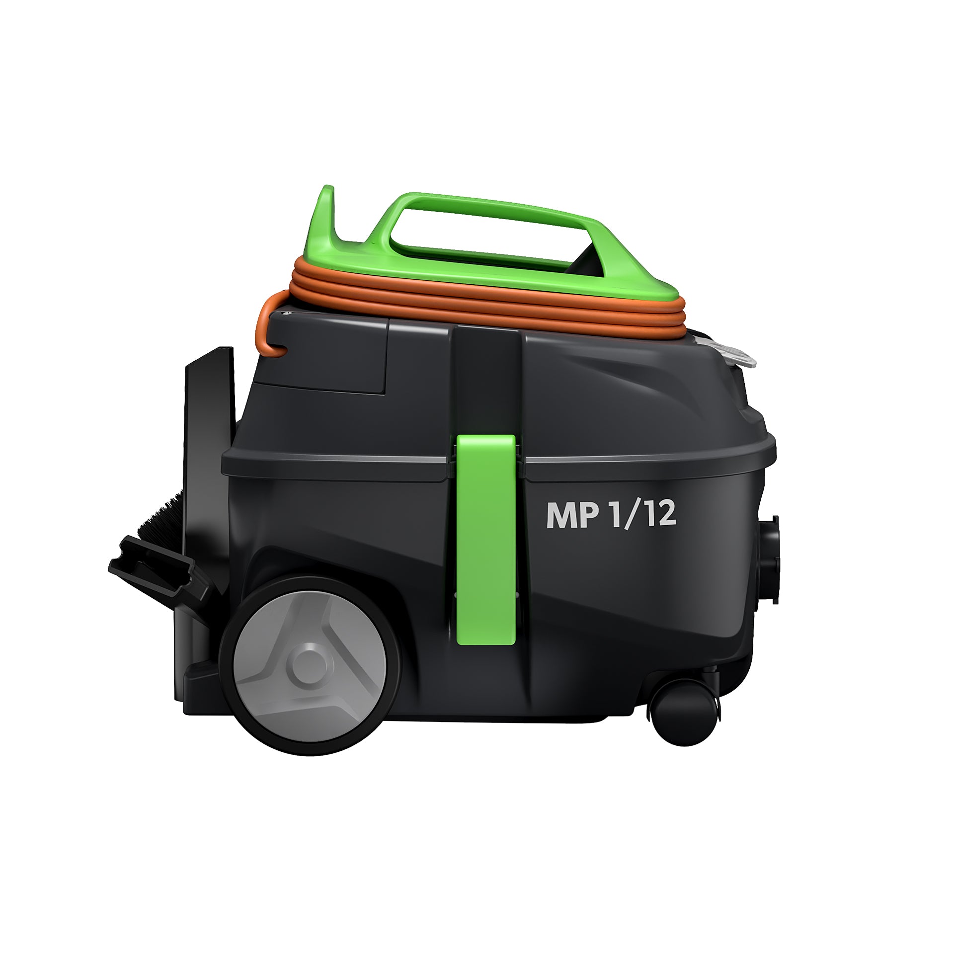 Aspirateur ICA MP 1/12 PRO vu de côté droit, avec tuyau et accessoires visibles. Produit industriel robuste et professionnel.